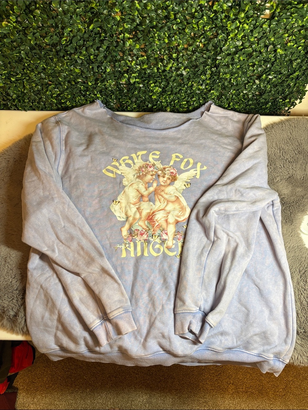 White Fox Boutique Oversized Off Shoulder Angel Graphic Sweatshirt Size M/L